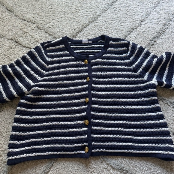 Gap sweater jacket navy blue white striped gold buttons cotton knit preppy XXL - Picture 7 of 10